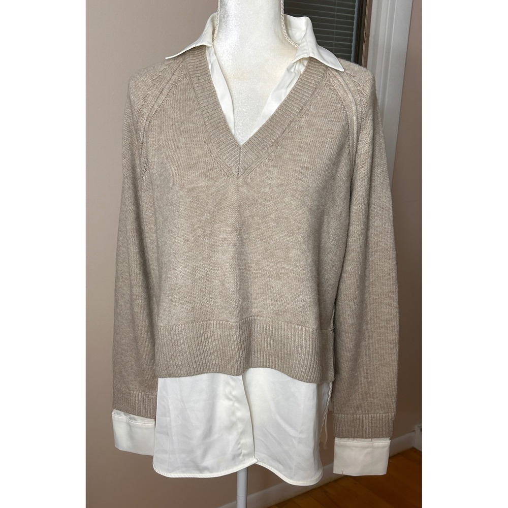 Elan Layered V-Neck Sweater Knit Shirt M Tan Faux Lagenlook Preppy
